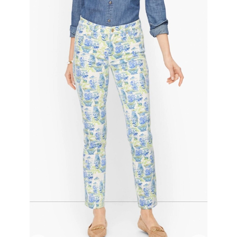 Talbots Coastal Blue Green Watercolor Vases Slim Ankle Crop Jeans 0